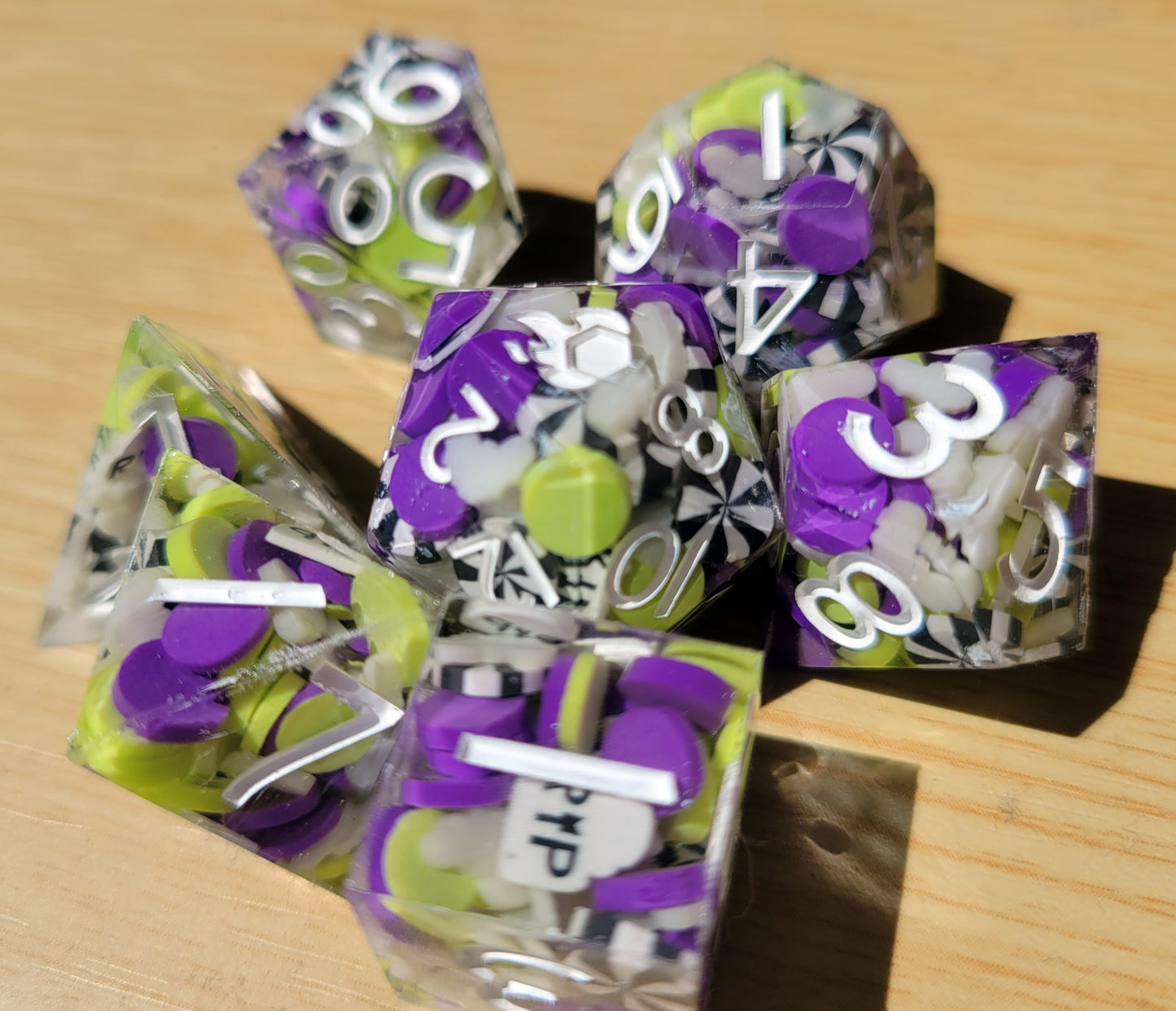 Handmade "Is it Beetlejuice or Betelgeuse" Full Dice Set | D&D Dice | Glow in the Dark Dice | RPG Tabletop Dice | D20 Set | Dice Gift