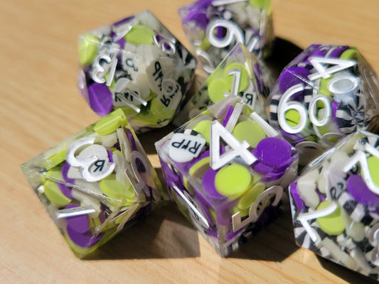 Handmade "Is it Beetlejuice or Betelgeuse" Full Dice Set | D&D Dice | Glow in the Dark Dice | RPG Tabletop Dice | D20 Set | Dice Gift