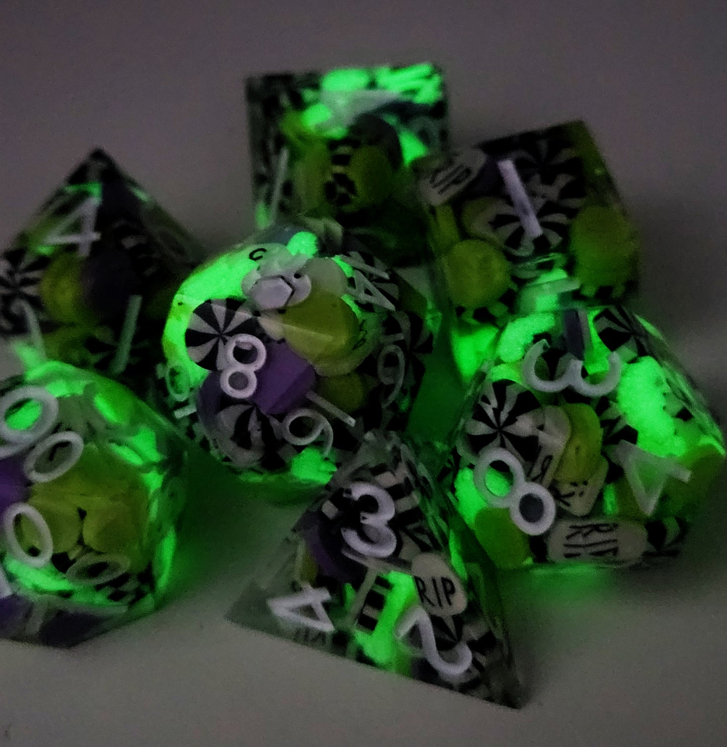 Handmade "Is it Beetlejuice or Betelgeuse" Full Dice Set | D&D Dice | Glow in the Dark Dice | RPG Tabletop Dice | D20 Set | Dice Gift