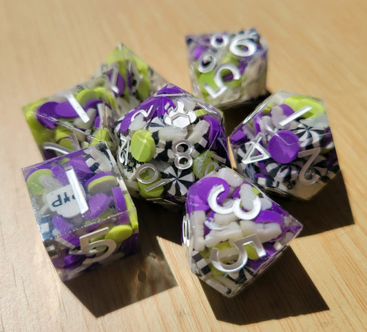 Handmade "Is it Beetlejuice or Betelgeuse" Full Dice Set | D&D Dice | Glow in the Dark Dice | RPG Tabletop Dice | D20 Set | Dice Gift