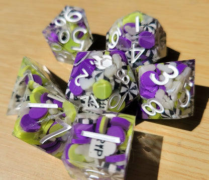 Handmade "Is it Beetlejuice or Betelgeuse" Full Dice Set | D&D Dice | Glow in the Dark Dice | RPG Tabletop Dice | D20 Set | Dice Gift